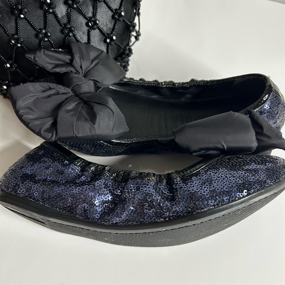 PRADA RARE BALLET FLATS SEQUENCE GLITTER BLACK Genuine  PATENT SATIN BOW - Picture 3 of 15